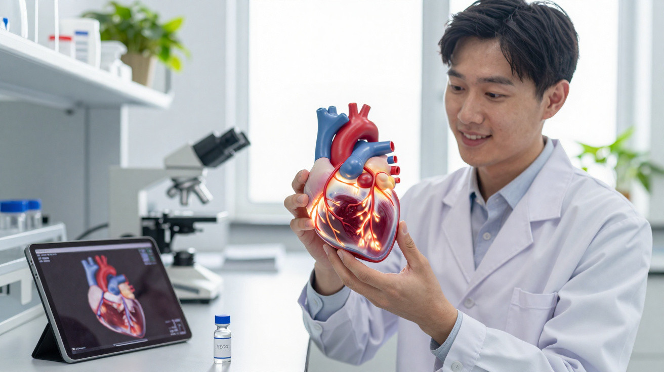 Wissenschaftler in Labor hält anatomisches Modell des menschlichen Herzens, Tablet mit Herzabbildung im Hintergrund.