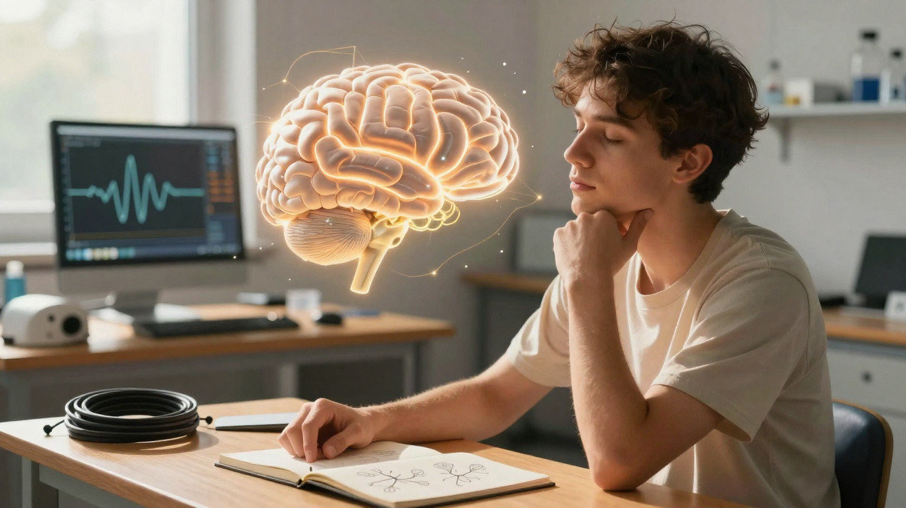 Junger Mann sitzt am Schreibtisch, neben ihm schwebt eine leuchtende 3D-Gehirn-Visualisierung.