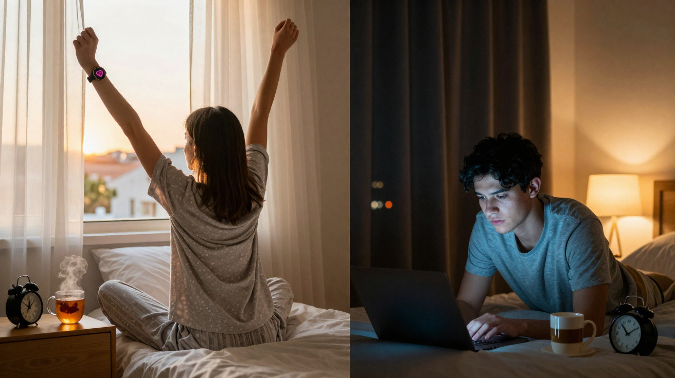Links dehnt sich eine Frau am Morgen vor dem Fenster, rechts arbeitet ein Mann nachts mit Laptop im Bett.