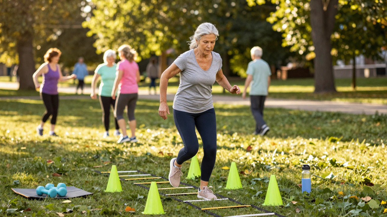 Ältere Frau trainiert Koordination mit Hürdenlauf im Park, weitere Personen im Hintergrund beim Sport.