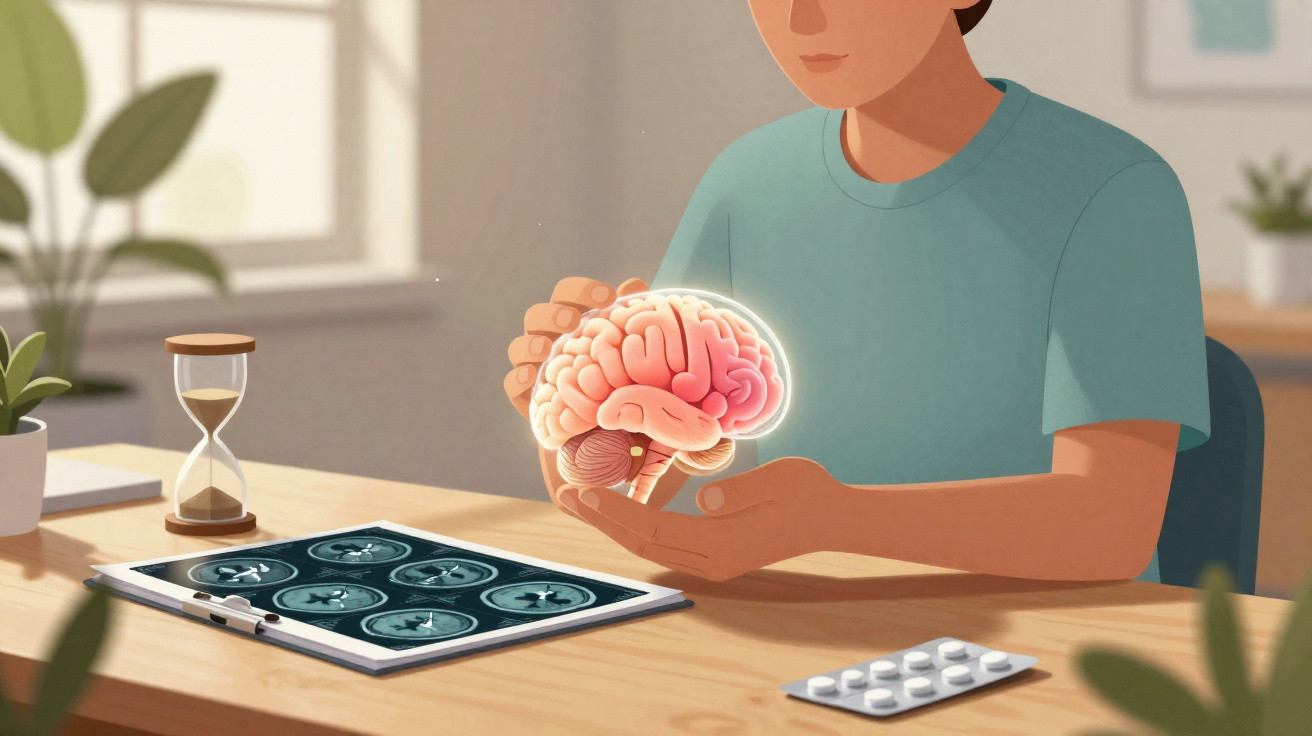 Person hält leuchtendes Modell eines Gehirns, daneben MRT-Bilder und Tabletten auf einem Schreibtisch.