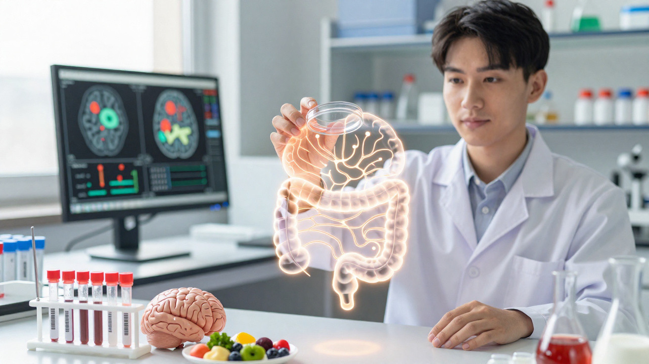 Wissenschaftler im Labor analysiert virtuelles Darm- und Gehirnmodell mit Fruchtplatte und Blutproben am Tisch.