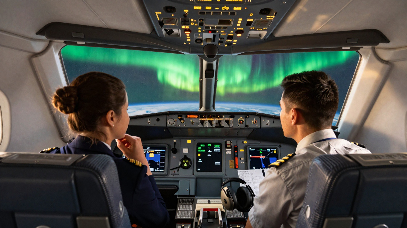 Zwei Piloten im Cockpit eines Flugzeugs mit Nordlichtern am Himmel vor der Windschutzscheibe.