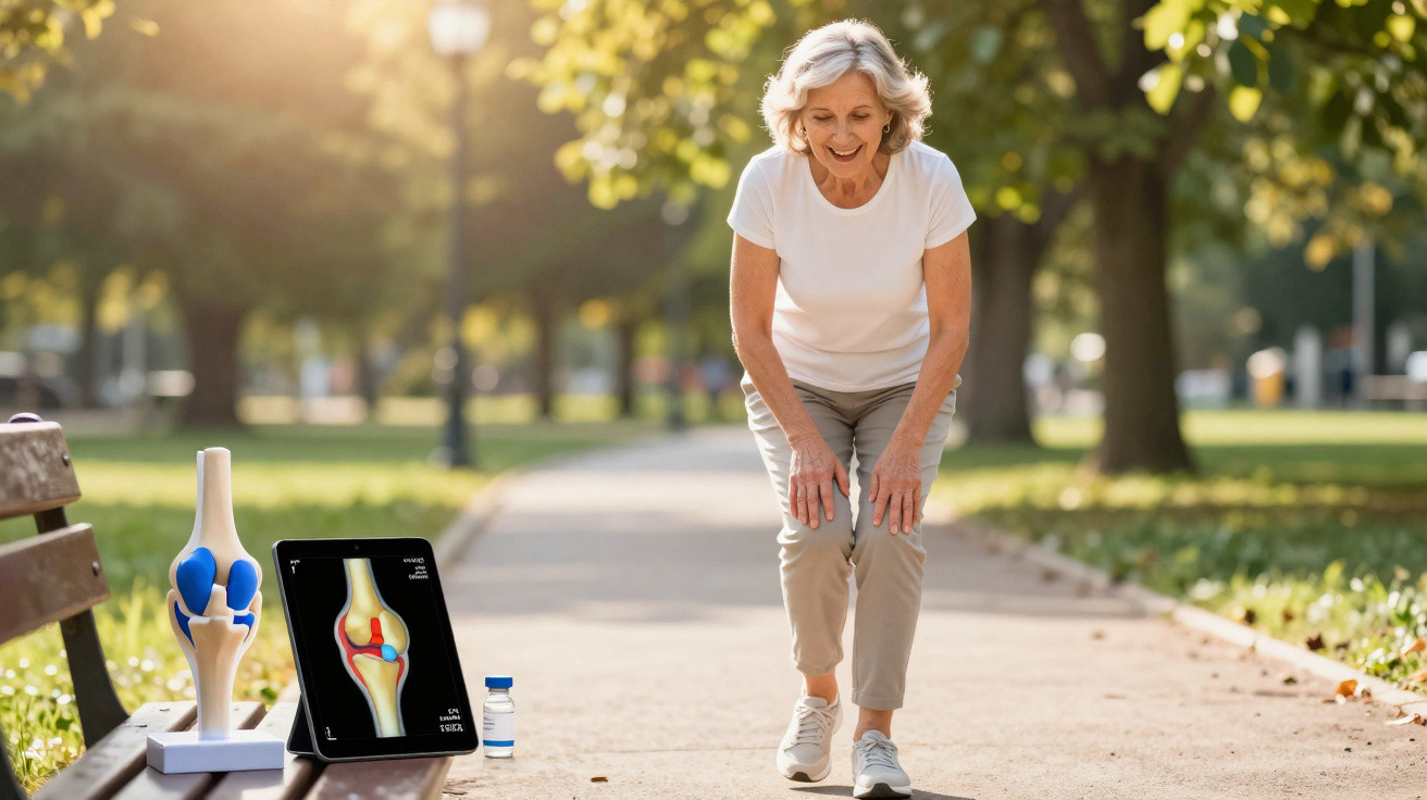 Ältere Frau greift sich beim Gehen im Park schmerzhaft an das Knie, neben ihr Modelle von Gelenken und Tablet.