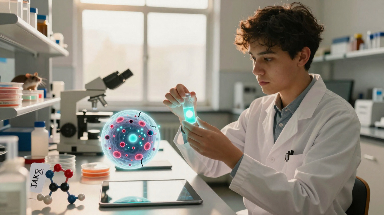 Junger Wissenschaftler im Labor untersucht fluoreszierende Probe mit digitalen Virenmodell im Hintergrund.