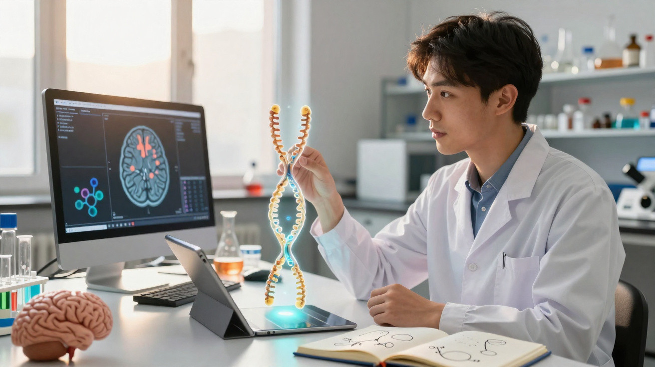 Wissenschaftler im Labor untersucht eine holografische DNA-Struktur neben Computer mit Gehirndaten.