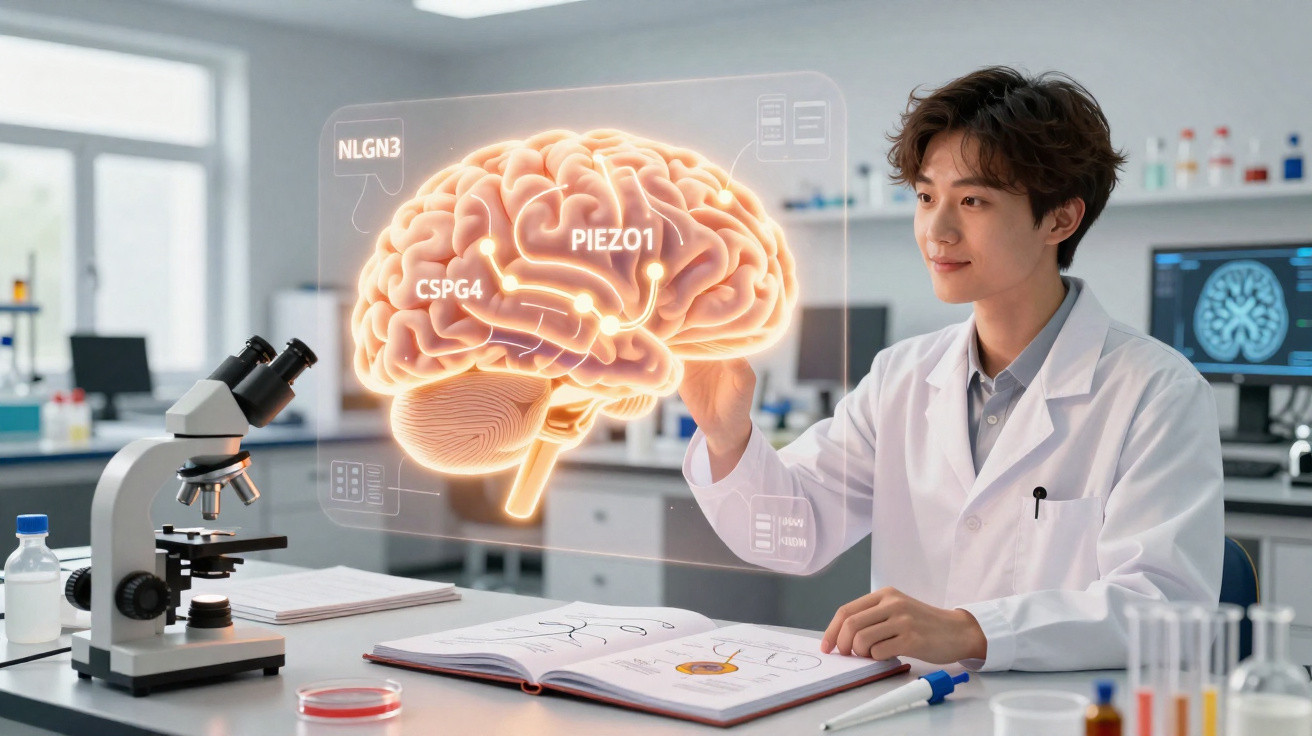 Junger Wissenschaftler analysiert digitales 3D-Modell eines menschlichen Gehirns im Labor.