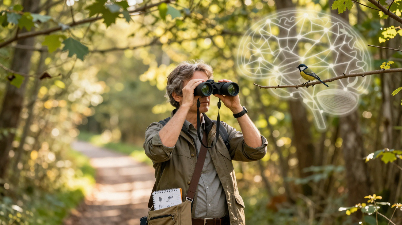 Mann beobachtet mit Fernglas einen Vogel im Wald, schematische Darstellung eines Gehirns im Hintergrund.