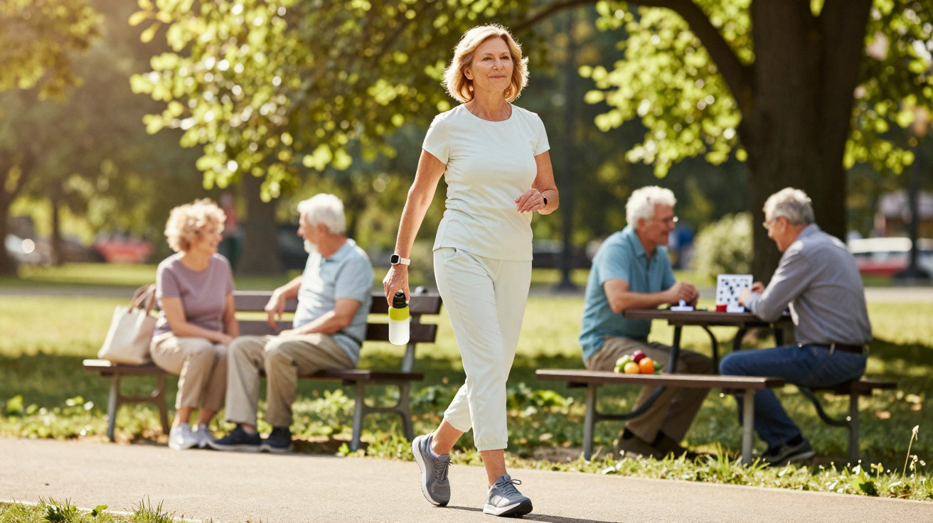 Ältere Frau joggt mit Wasserflasche im Park, im Hintergrund sitzen Senioren auf Bänken und unterhalten sich.
