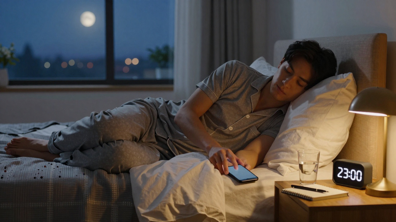 Junger Mann im Pyjama liegt im Bett und nutzt nachts ein Smartphone bei Mondschein.