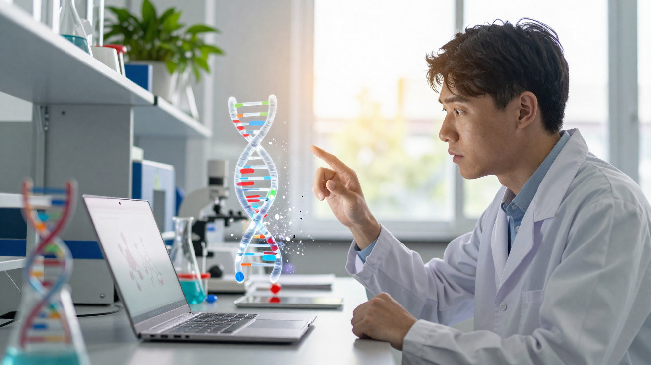 Wissenschaftler im Labor analysiert digitales DNA-Strangmodell auf Laptop vor Fensterlicht.