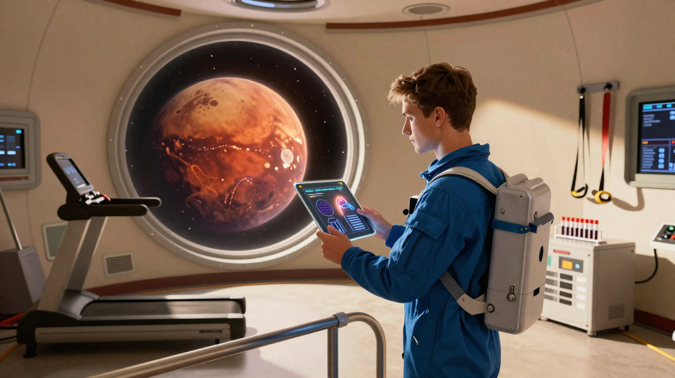 Junger Astronaut mit Tablet vor einem Fenster, das den Planeten Mars zeigt, in einem futuristischen Raum.