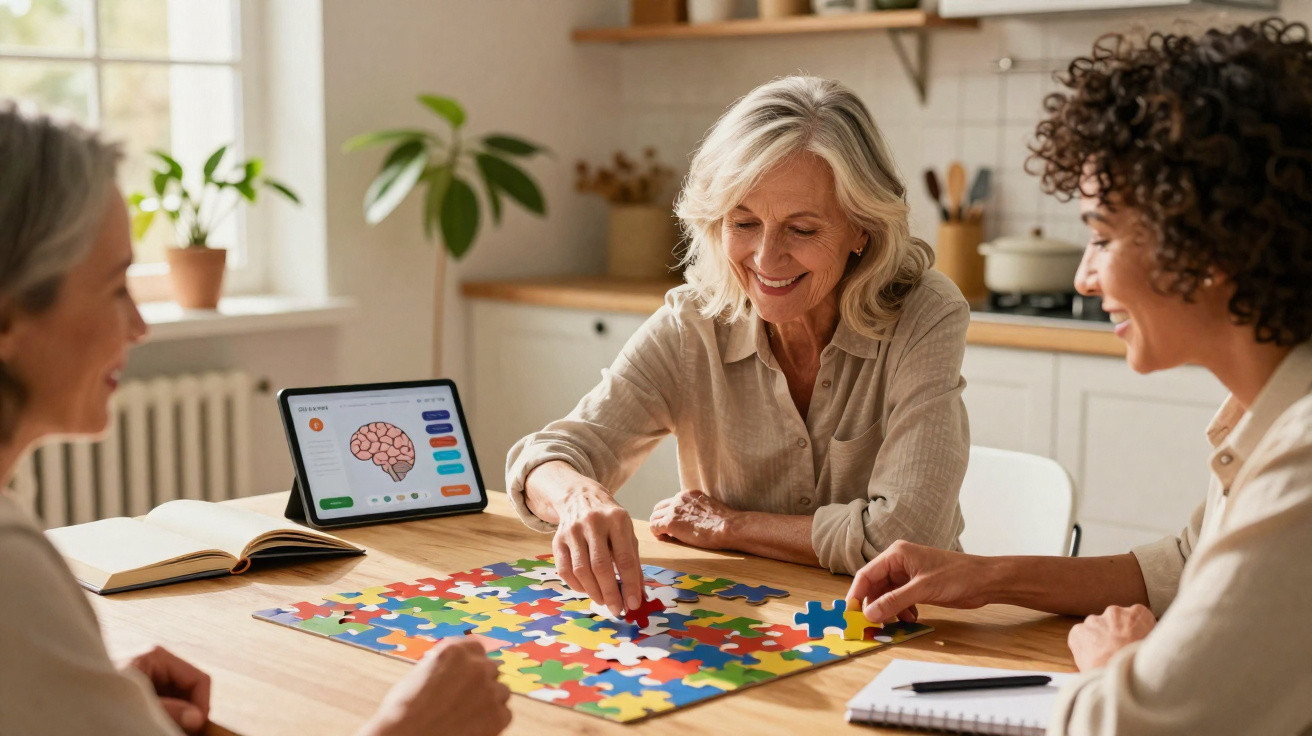 Drei Frauen verschiedener Generationen lösen gemeinsam ein buntes Puzzle am Küchentisch.