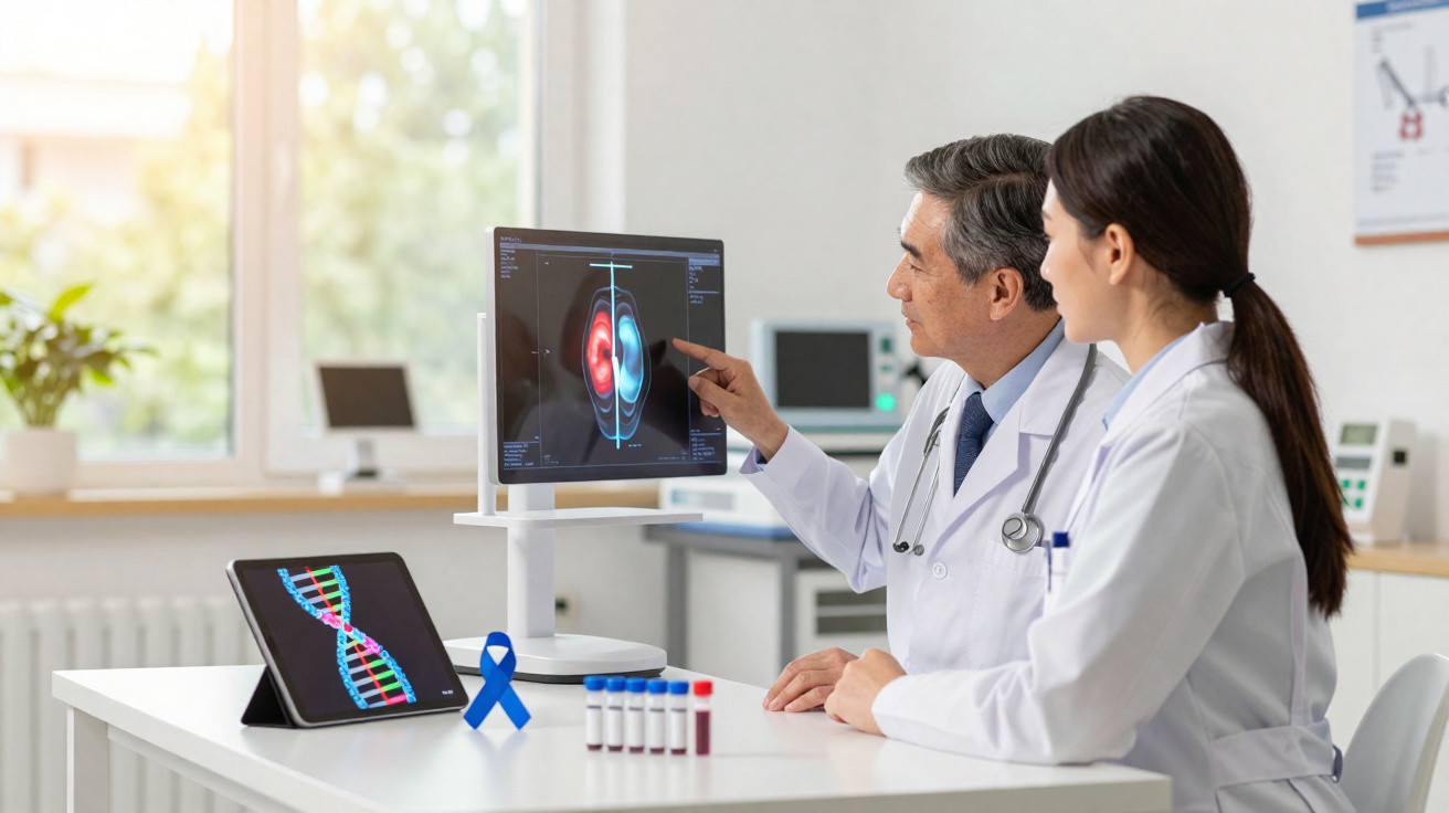 Zwei Ärzte analysieren Gehirnbilder auf einem Bildschirm, DNA-Darstellung und blaue Schleife auf dem Tisch.