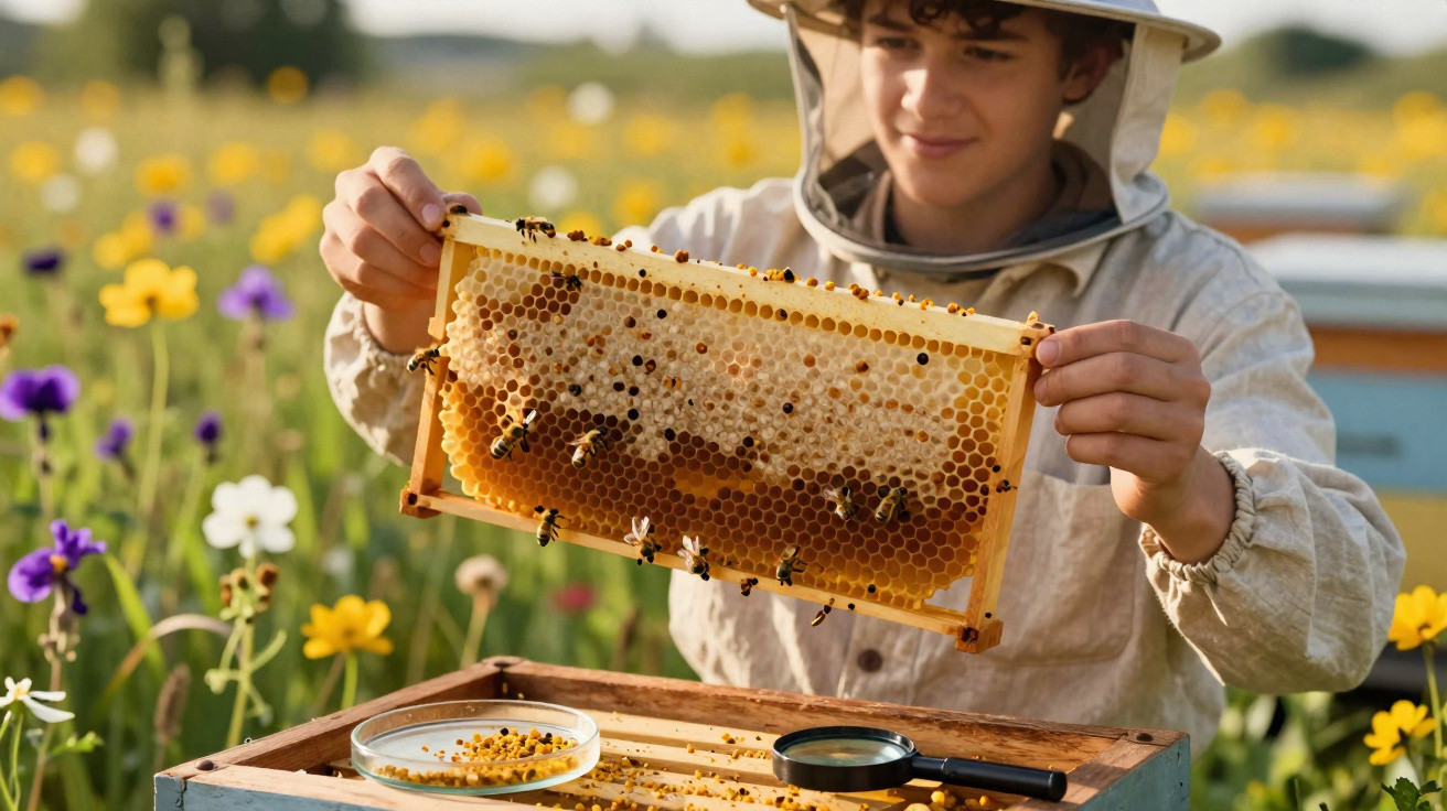 Imker hält Honigwabe mit Bienen, umgeben von einer blühenden Blumenwiese bei Sonnenschein.