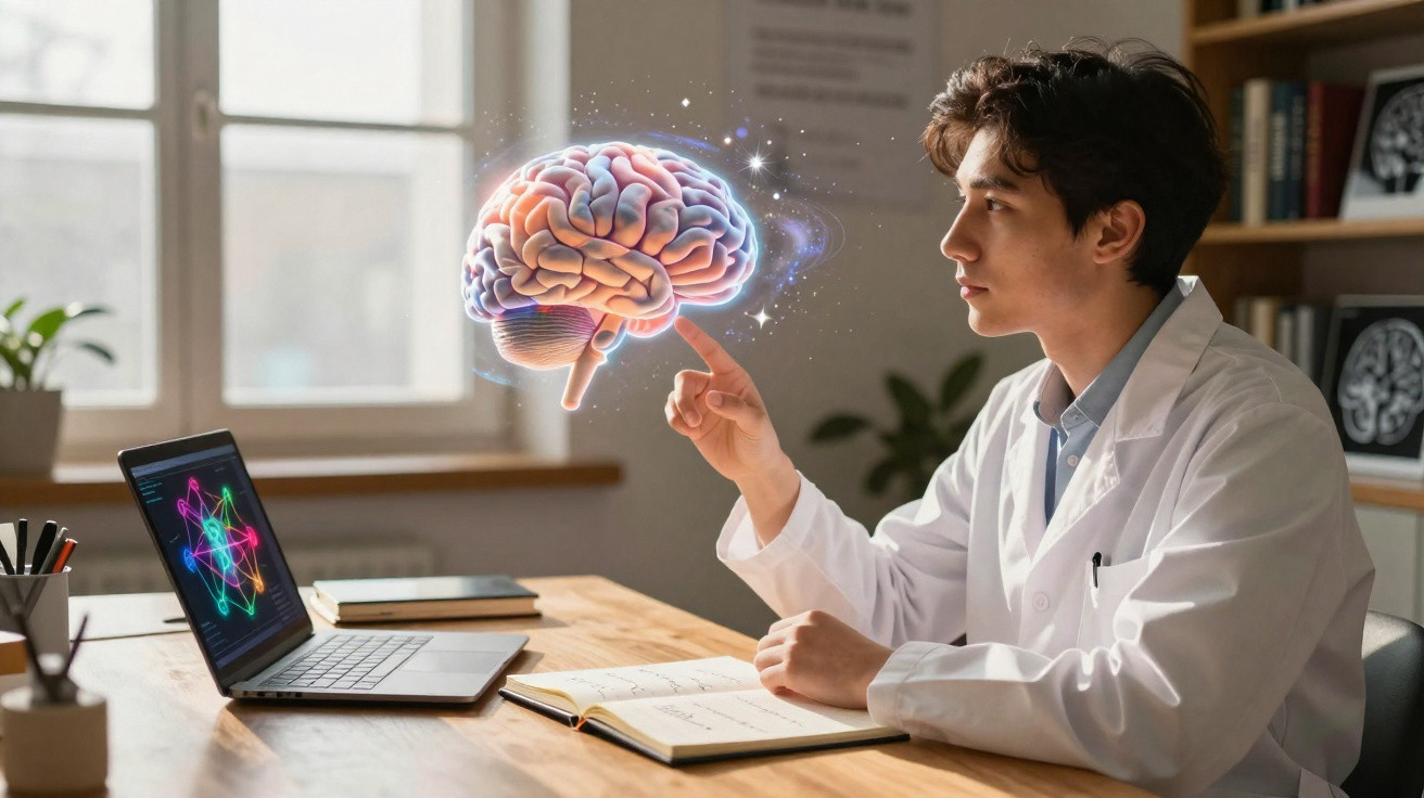 Junger Wissenschaftler im Labor untersucht holografisches 3D-Modell eines Gehirns am Schreibtisch.