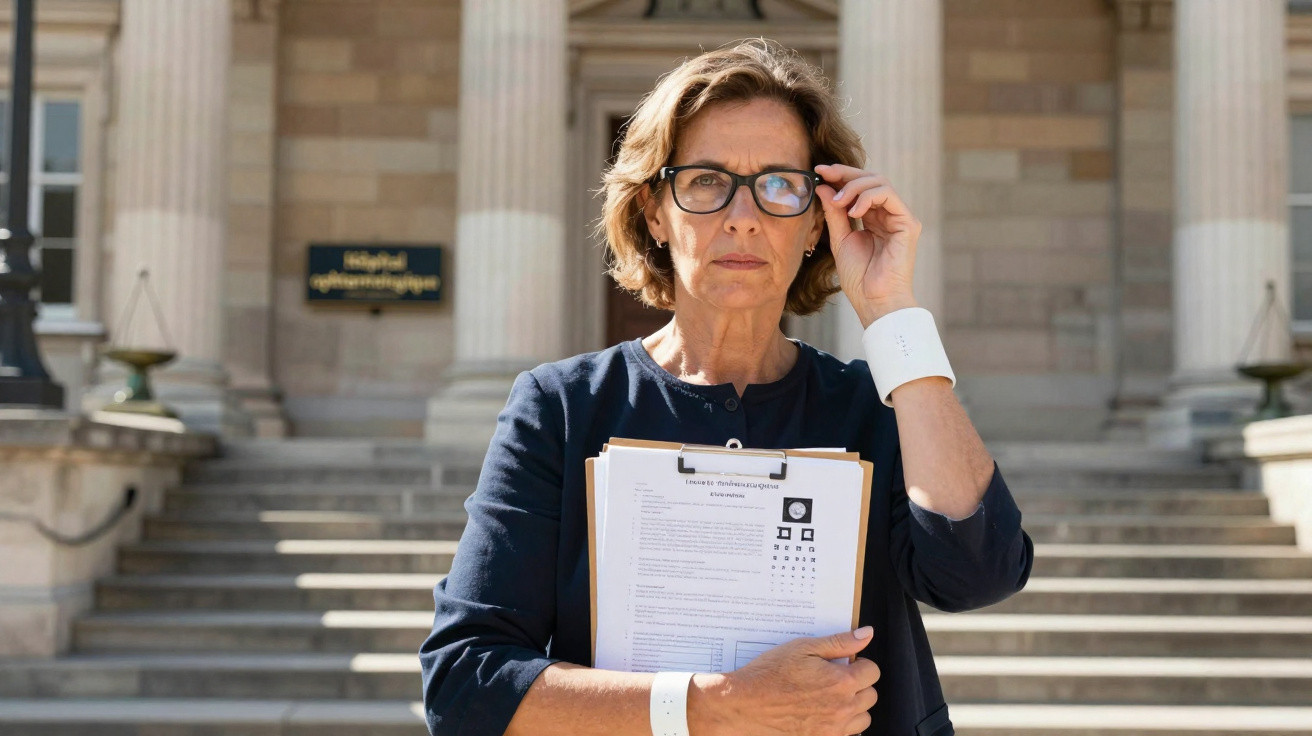 Frau mit Brille hält Klemmbrett mit Dokumenten vor einem Gebäude mit Treppen.