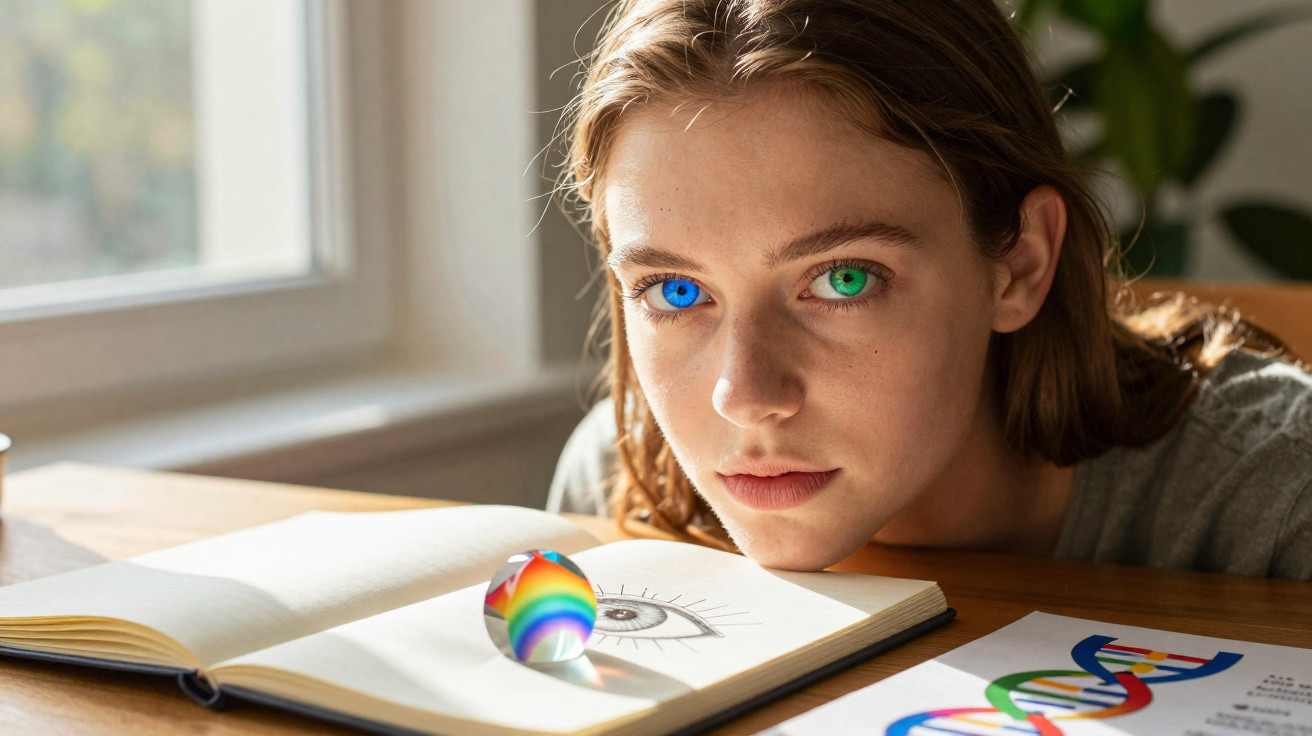 Junge Frau mit verschiedenfarbigen Augen schaut über Tisch mit Skizzen und kleinem Glaskugel-Regenbogen.