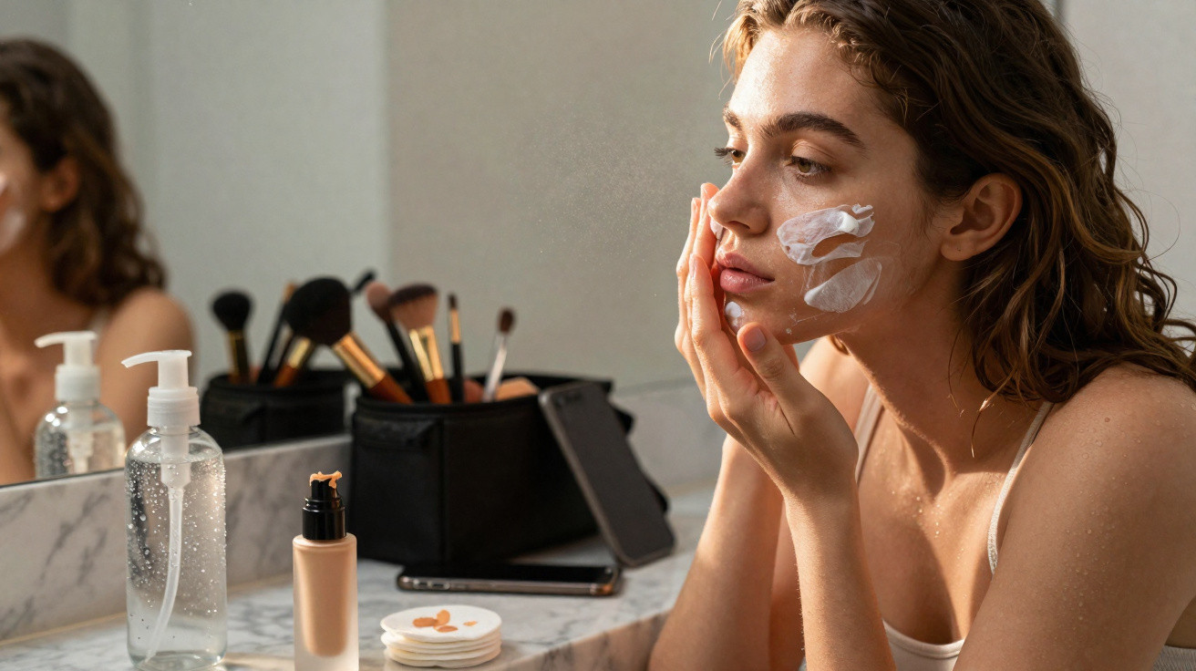Frau trägt Gesichtscreme auf vor einem Spiegel mit Kosmetik und Make-up-Pinsel auf der Arbeitsfläche auf.