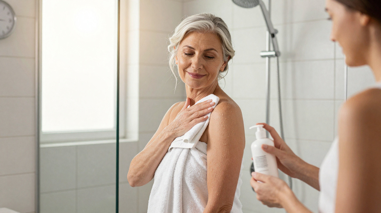 Ältere Frau im Badezimmer, die sich mit einem Handtuch abtrocknet, während eine weitere Person Lotion reicht.