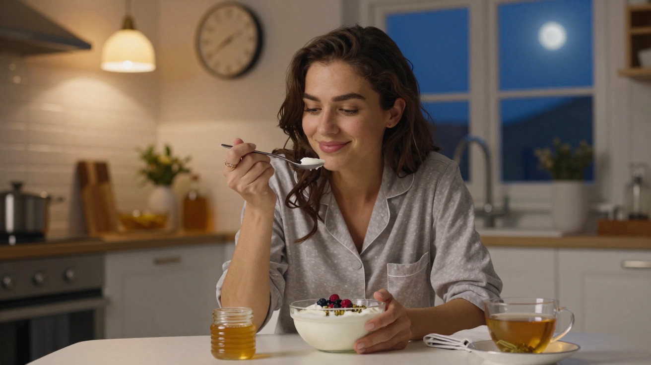 Frau im Schlafanzug isst abends Müsli mit Beeren in moderner Küche bei Mondschein durchs Fenster.