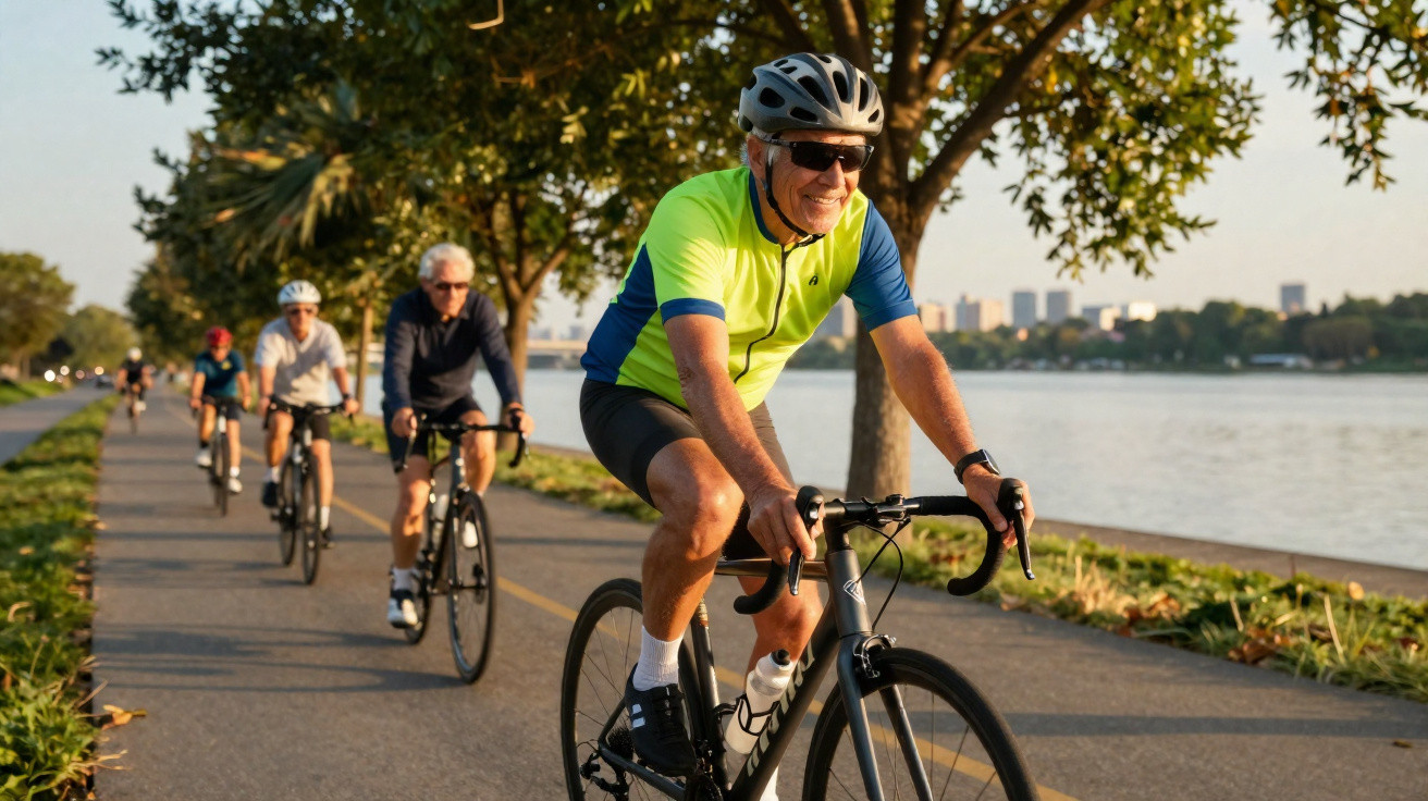 Ältere Männer in Sportkleidung fahren bei Sonnenschein auf Fahrrädern an einem Flussufer entlang.