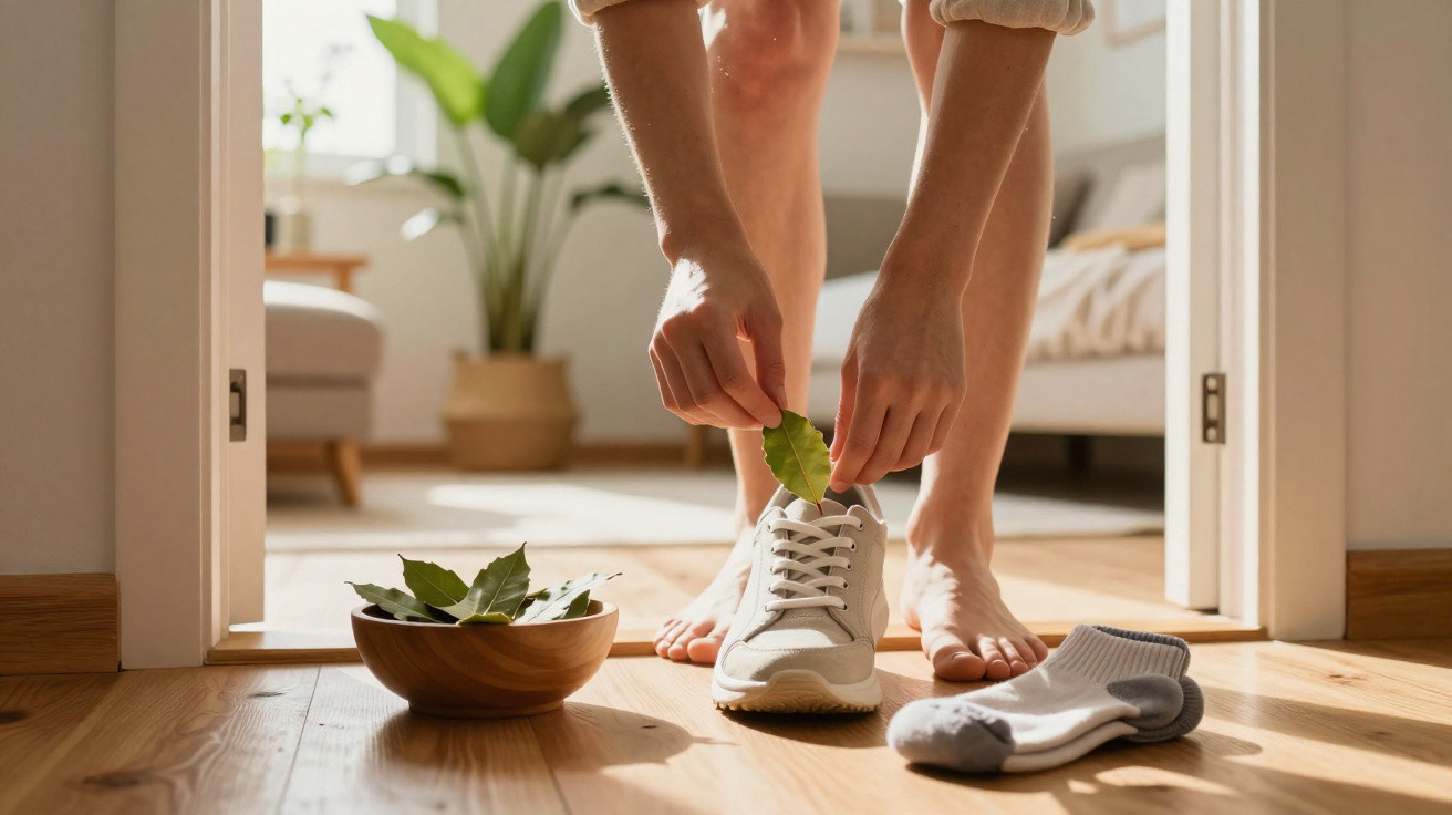 Person steckt Lorbeerblätter in weißen Sneaker vor einem Holzfußboden und heller Wohnzimmerszene.
