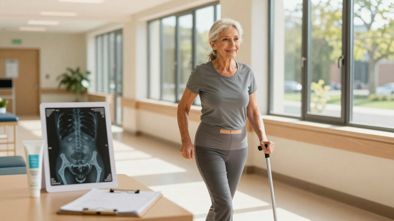 Ältere Frau mit Gehstock macht Physiotherapie im hellen Krankenhausflur neben Röntgenbild und Akten.