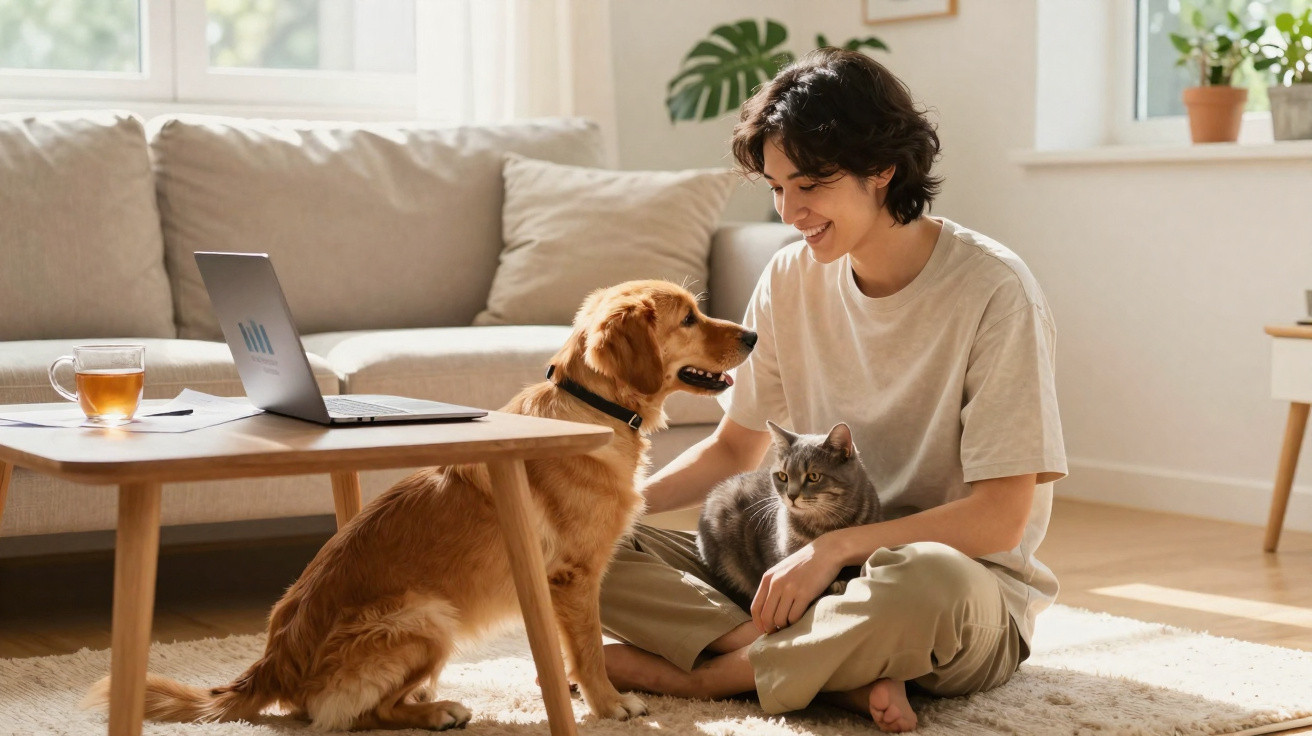 Junge Person sitzt auf dem Boden im Wohnzimmer mit Hund und Katze neben einem Couchtisch mit Laptop und Tee.