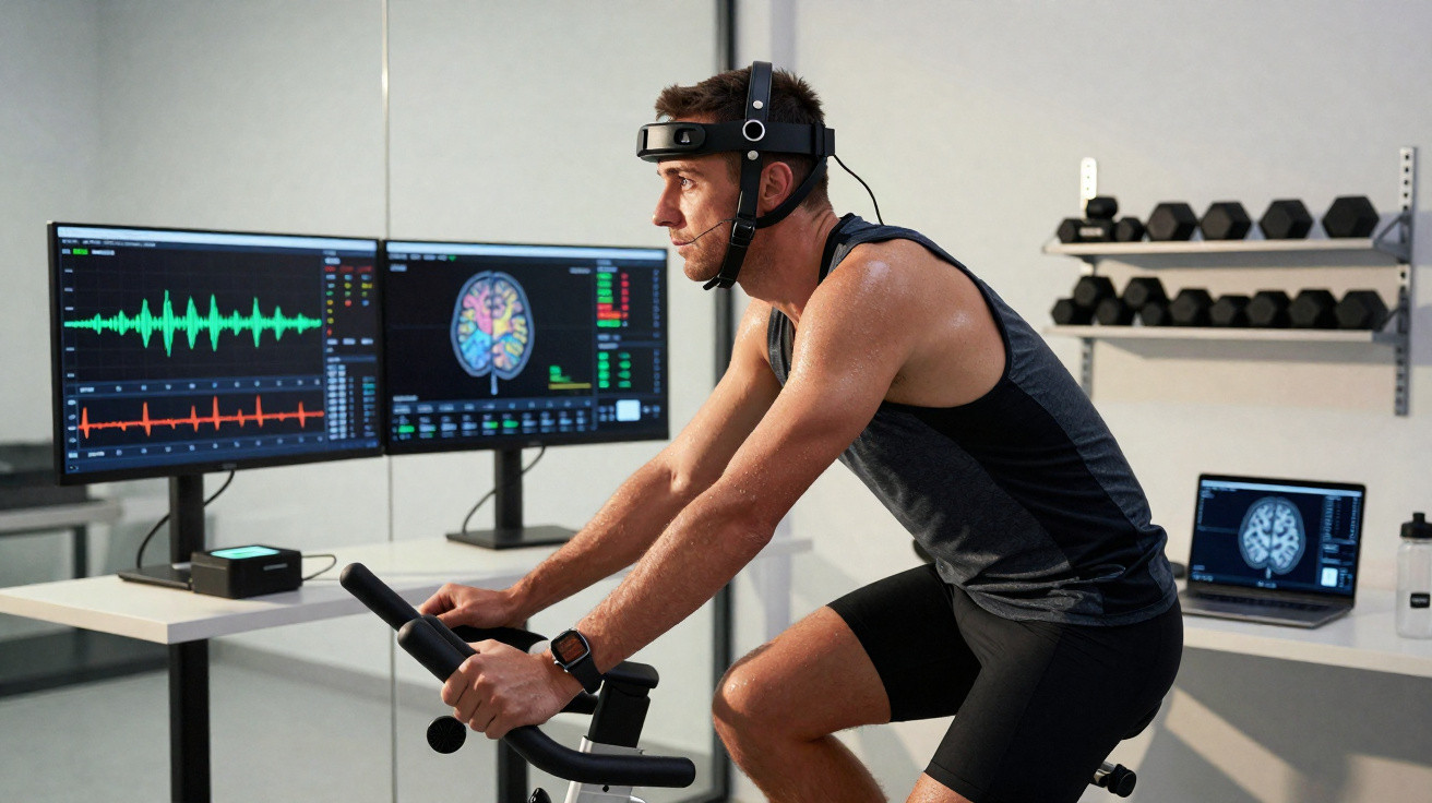 Mann trainiert auf Fahrrad-Ergometer mit EEG-Headset vor Monitoren zur Gehirn- und Herzaktivitätsüberwachung.