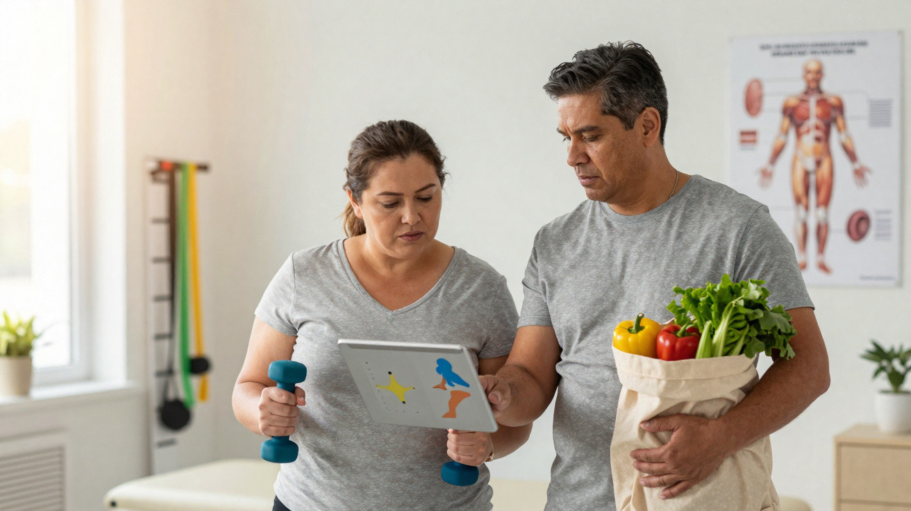 Ärztin erklärt einer Frau mit Hanteln im Fitnessraum einen Ernährungs- und Trainingsplan auf einem Tablet.