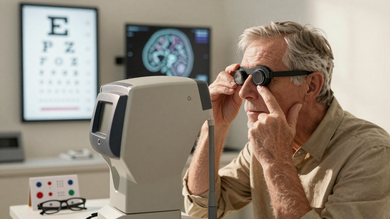 Älterer Mann bei Augenuntersuchung, trägt spezielle Brille vor Sehtestgerät in medizinischer Praxis.