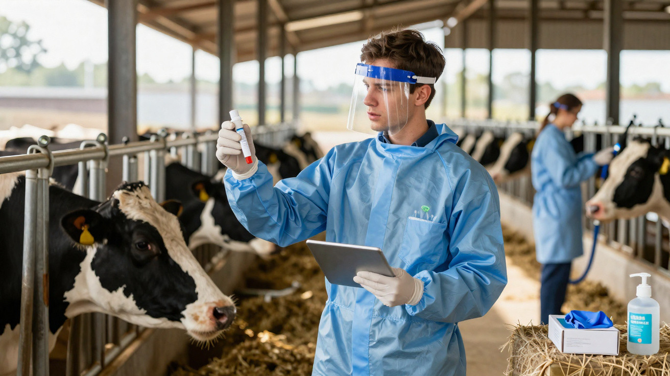 Tierarzt im Schutzanzug untersucht Blutprobe von Kuh im Stall, weitere Person arbeitet im Hintergrund.