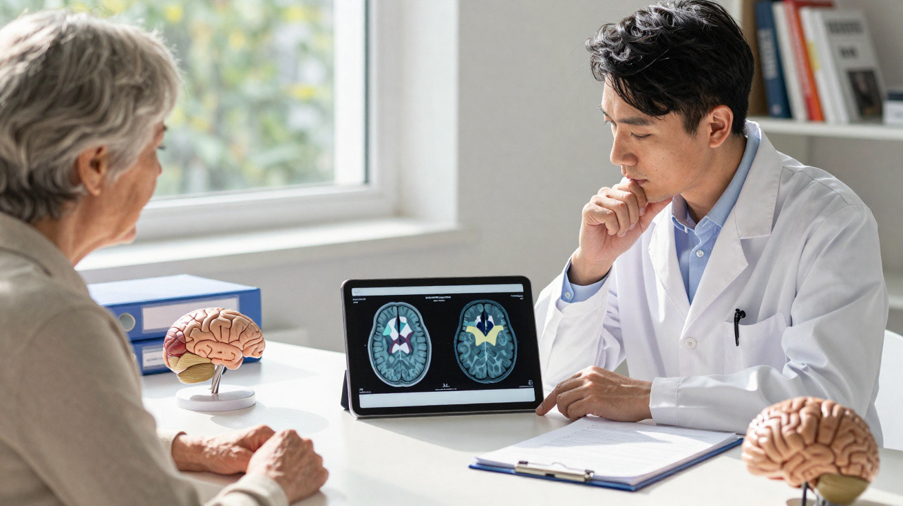 Arzt erklärt älterer Patientin am Tablet Hirnscans in heller Praxis mit Gehirnmodellen auf dem Tisch.