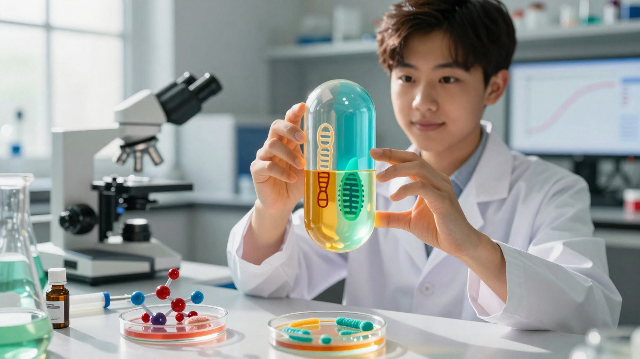 Junger Wissenschaftler im Labor hält große transparente Kapsel mit DNA- und Zellgrafiken in den Händen.
