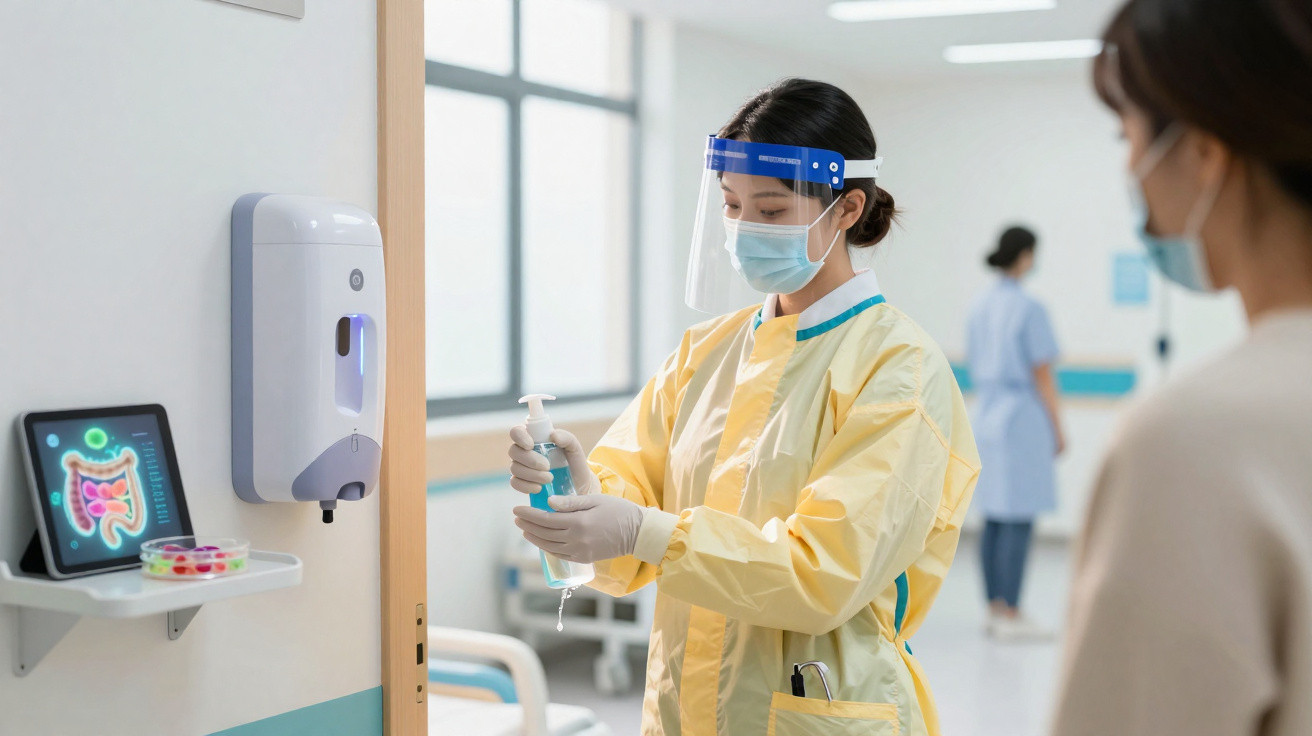 Krankenpflegekraft mit Schutzkleidung und Maske desinfiziert Hände im Krankenhausflur