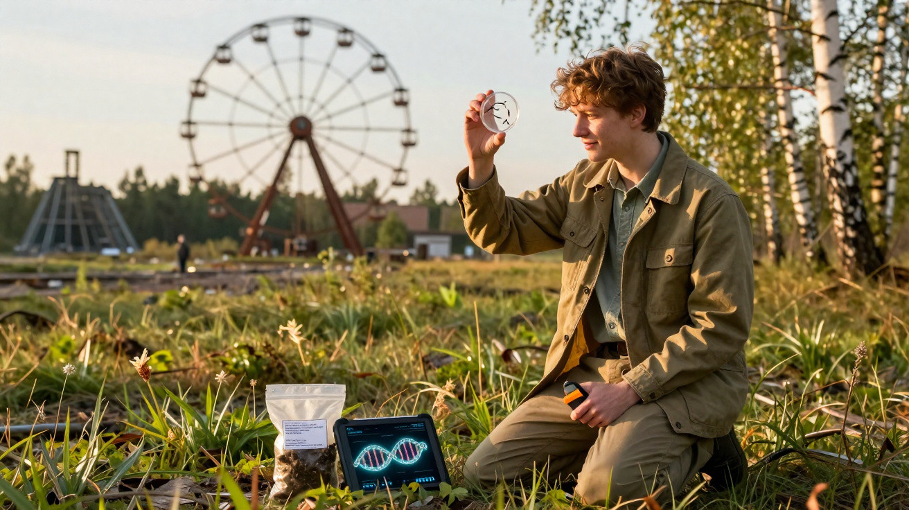 Junger Mann untersucht Probe mit DNA-Analysegerät im Freien vor Riesenrad und Bäumen.