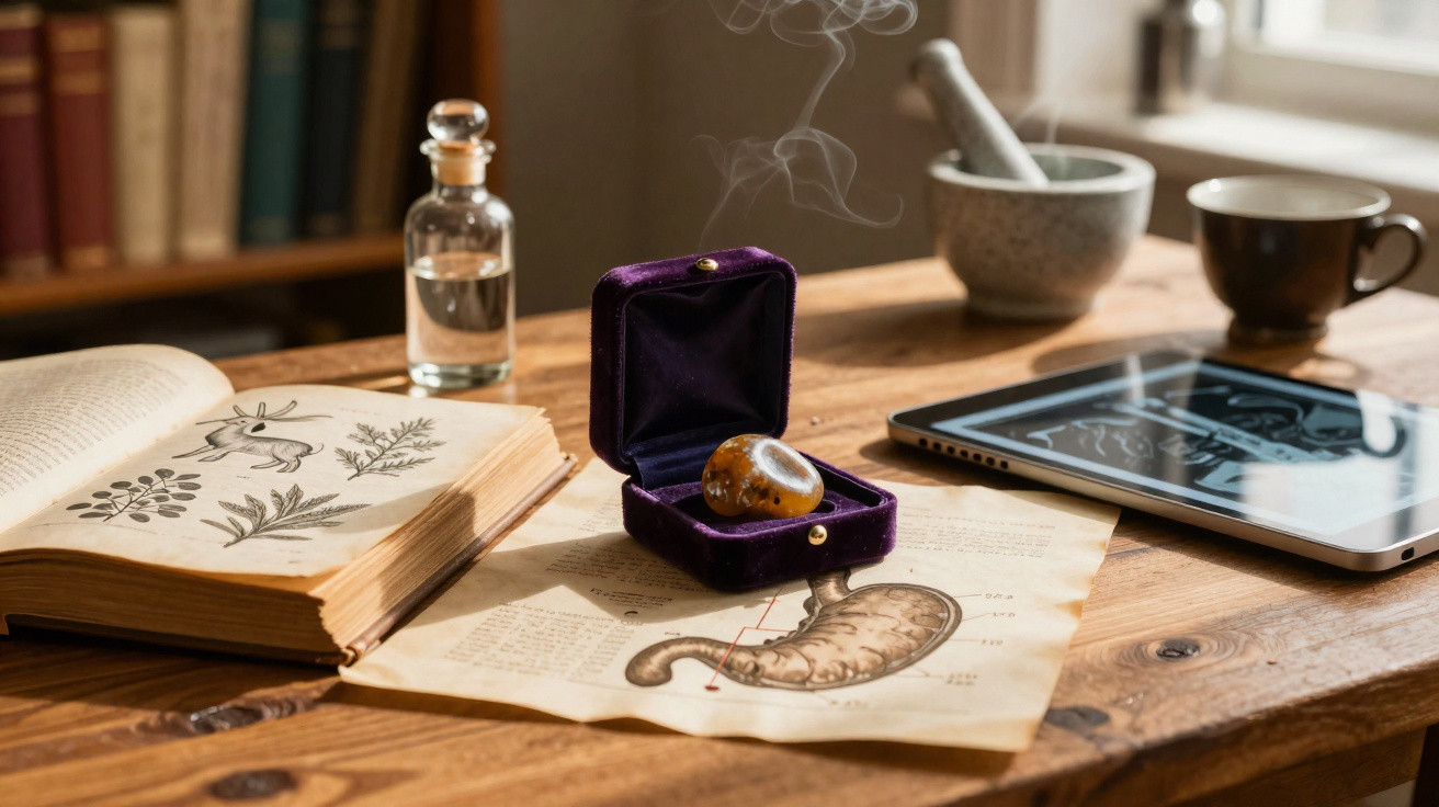 Holztisch mit altem Buch, geöffneter Samtbox mit Edelstein, Tablet, Mörser, Fläschchen und zeichnerischen Darstellungen.