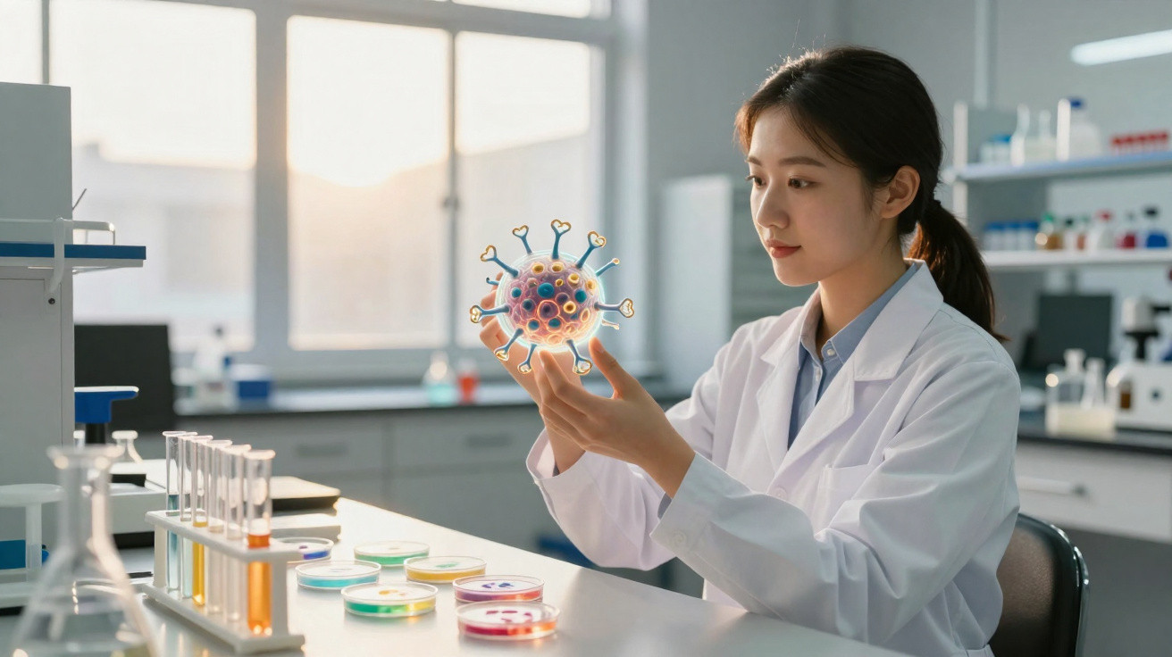 Wissenschaftlerin im Labor untersucht digitales Modell eines Virus mit Proben und Reagenzgläsern auf dem Tisch.