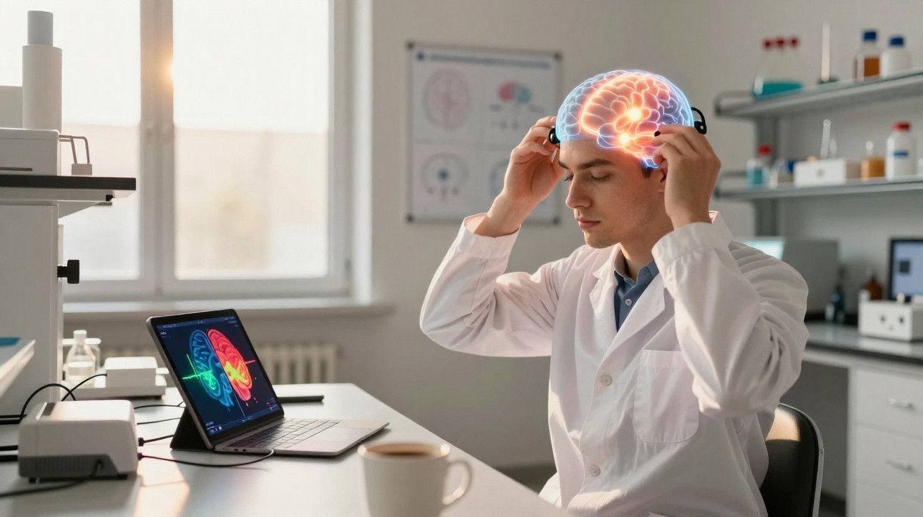Wissenschaftler im Labor mit virtueller Darstellung eines leuchtenden Gehirns auf dem Kopf, der Neuroforschung betreibt.