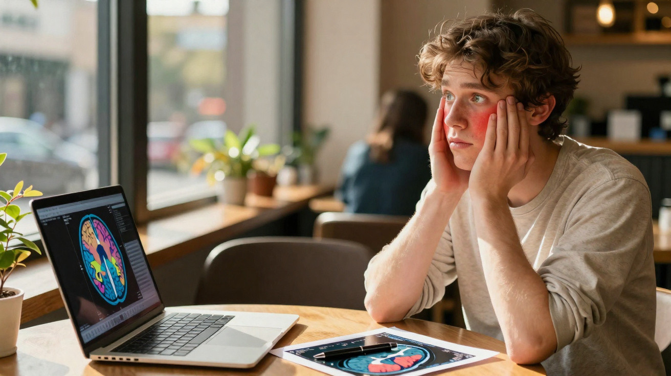 Junger Mann mit geröteter Wange sitzt nachdenklich vor Laptop mit Gehirnscanneraufnahme in Café.