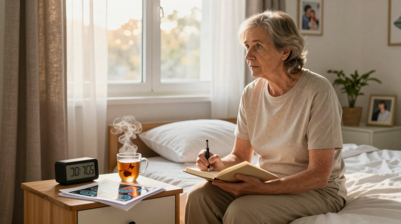 Ältere Frau sitzt auf Bett, schreibt in Notizbuch, neben ihr dampft Tee auf Nachttisch mit Wecker und Papieren.