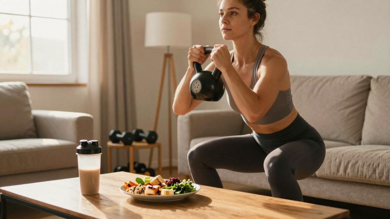 Frau macht Kniebeugen mit Kettlebell im Wohnzimmer neben gesundem Essen und Proteinshake.