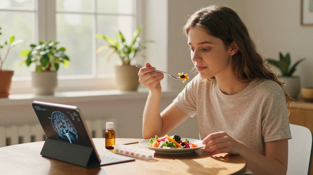 Junge Frau isst am Tisch einen gesunden Salat und sieht auf ein Tablet mit einer Gehirn-Visualisierung.