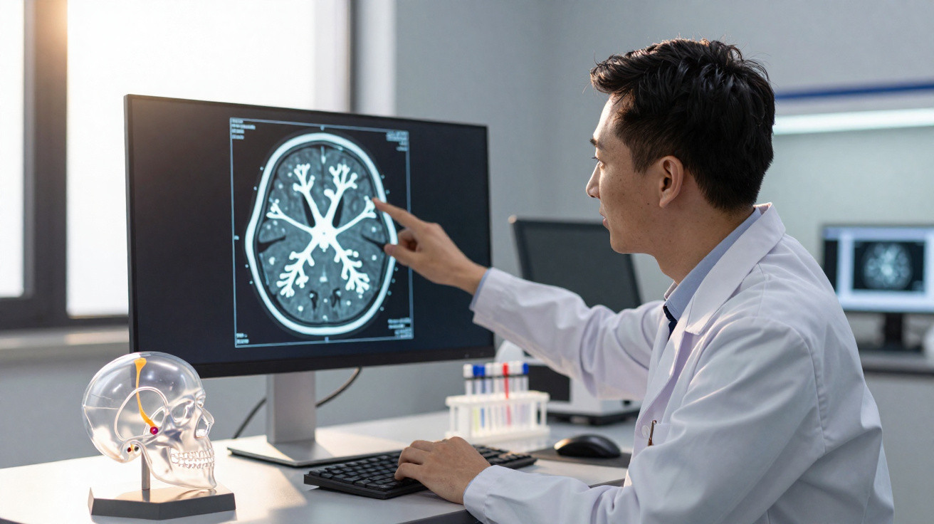 Arzt untersucht und deutet auf ein Lungen-CT-Bild auf dem Computermonitor im Büro.