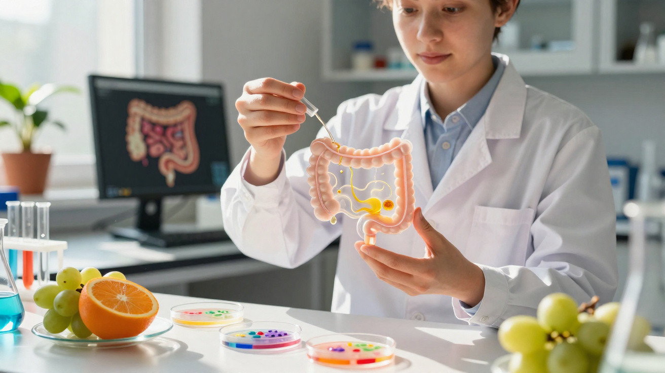 Forscherin untersucht im Labor Modell eines menschlichen Darms mit Pipette und Nahrungsmitteln auf Tisch.