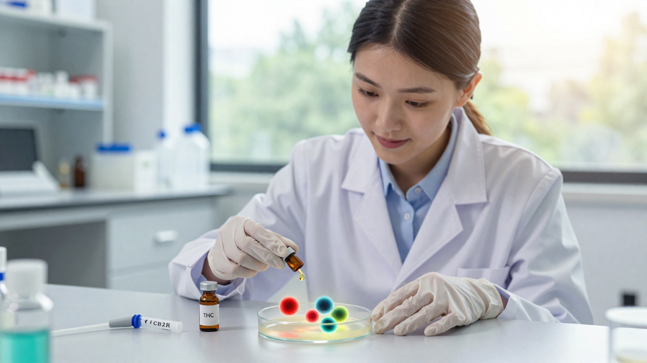 Wissenschaftlerin im Labor gibt Tropfen aus Fläschchen auf Petrischale mit farbigen Molekülmodellen.