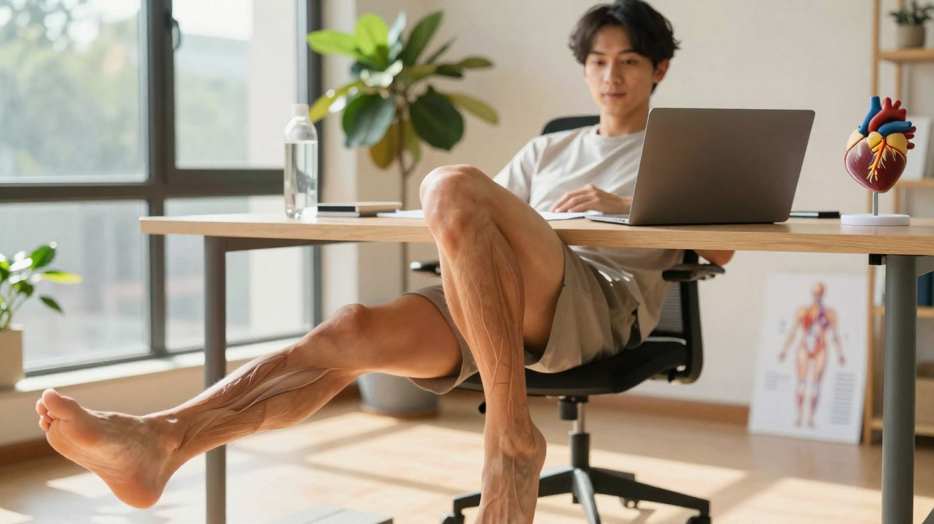 Junger Mann sitzt im Büro am Schreibtisch, während Venen und Herzkranzgefäße seiner Beine sichtbar sind.