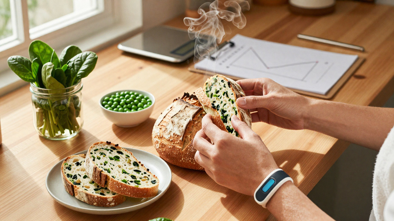 Person bricht frisch gebackenes Brot mit Kräutern an hellem Holztisch mit grünem Gemüse und Dokumenten.