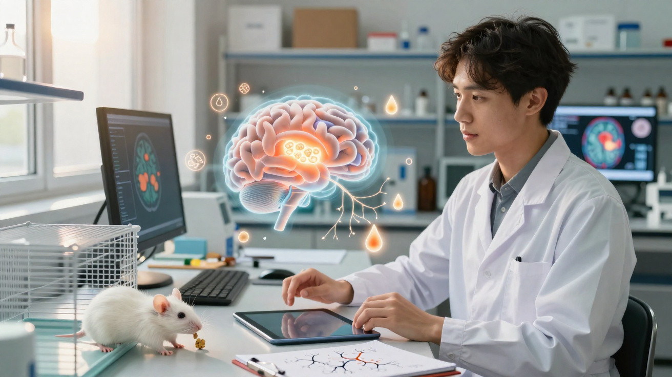 Wissenschaftler untersucht Gehirnforschung mit Ratte und digitalen Daten im Labor.